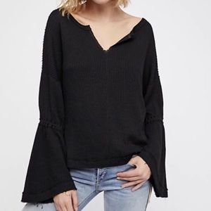 We the Free People Dahlia Black Thermal Flared Sleeve Top Women’s Large Raw Hem